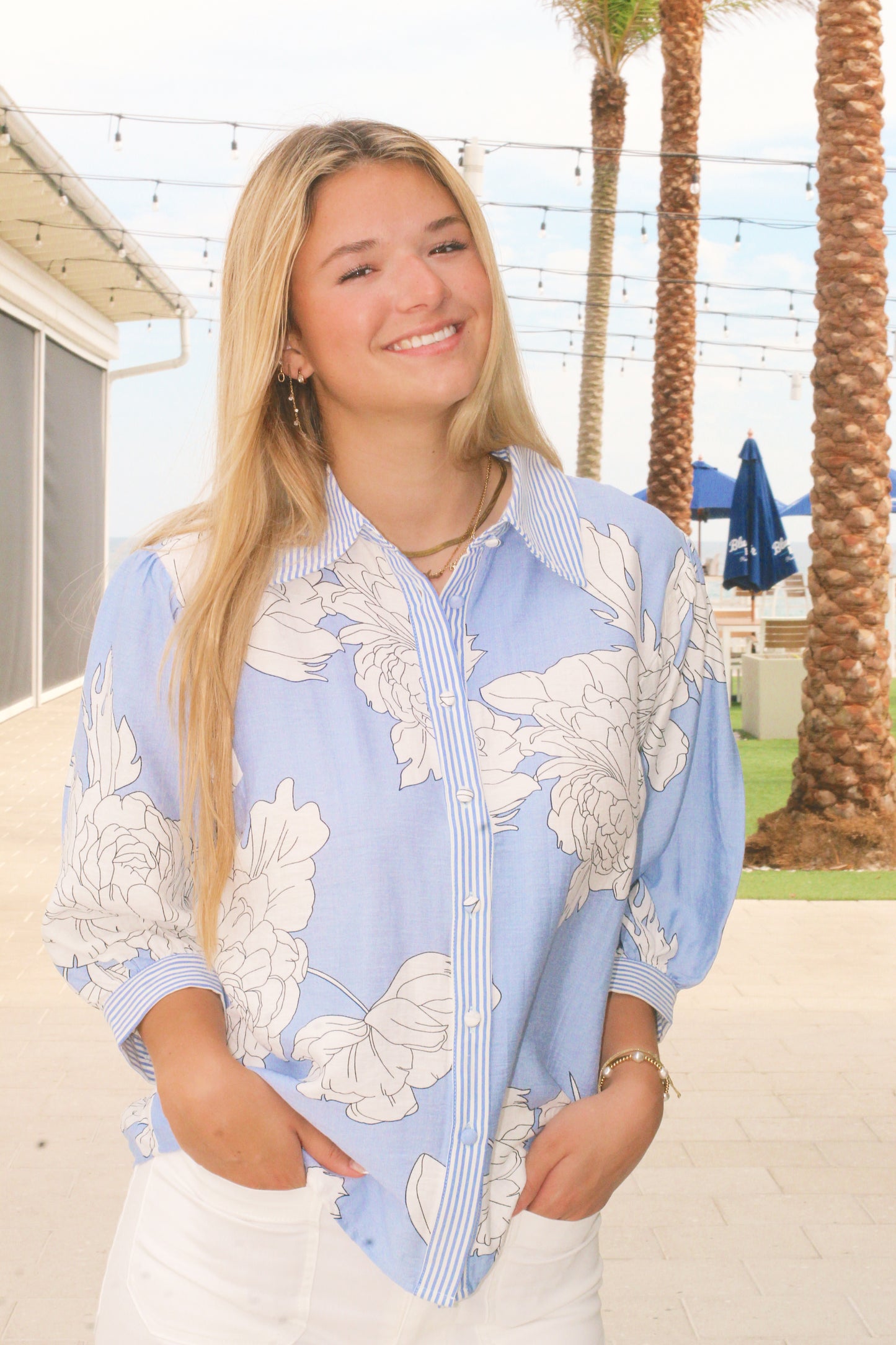 Blooming Blue Button Down Top